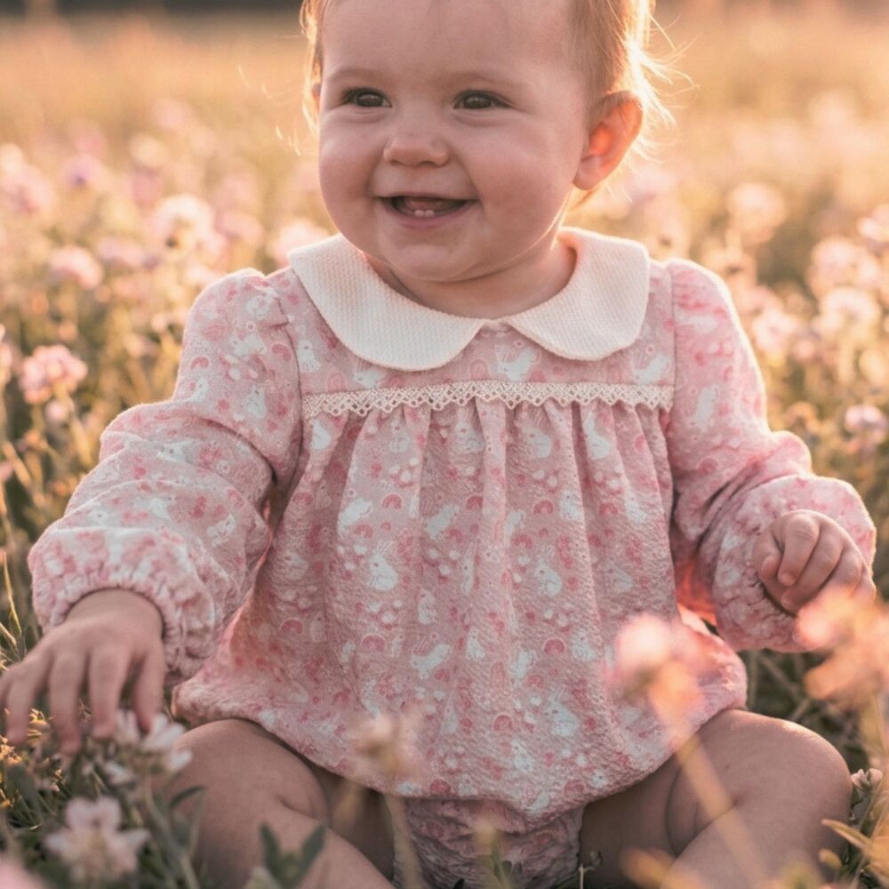 Baby Girl Easter Bunny Bubble Romper 12-18M Boutique Waffle Knit Spring Outfit